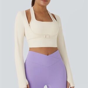 HALARA Cream SoftlyZero Plush Halter Thumb Hole Long Sleeve Cropped Yoga Top